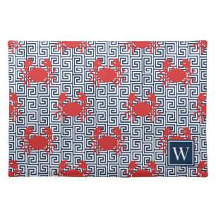 Preppy Crab Greek Key - Red & Navy Monogram Cloth Placemat