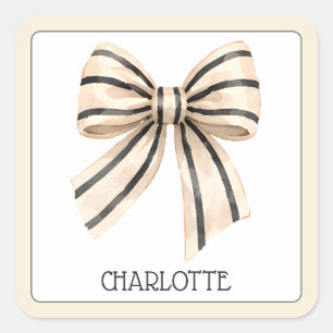 Preppy Cream and Black Stripe Bow Square Sticker