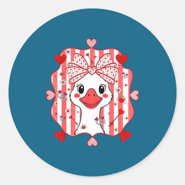 Preppy Cute Goose Coquette Bow Valentine's Day Wom Classic Round Sticker (Front)