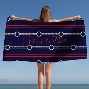 Preppy Cute Navy Personalized Name Beach Towel
