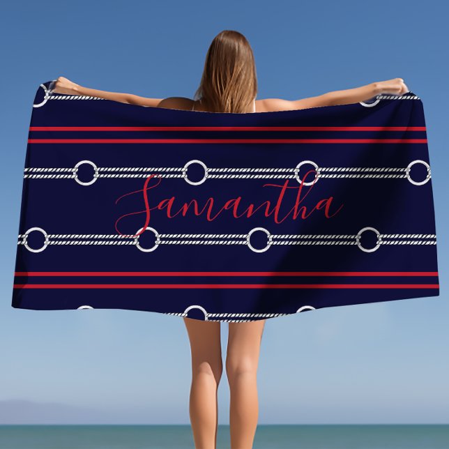 Preppy Cute Navy Personalized Name Beach Towel (Preppy Cute Navy Personalized Name Beach Towel)