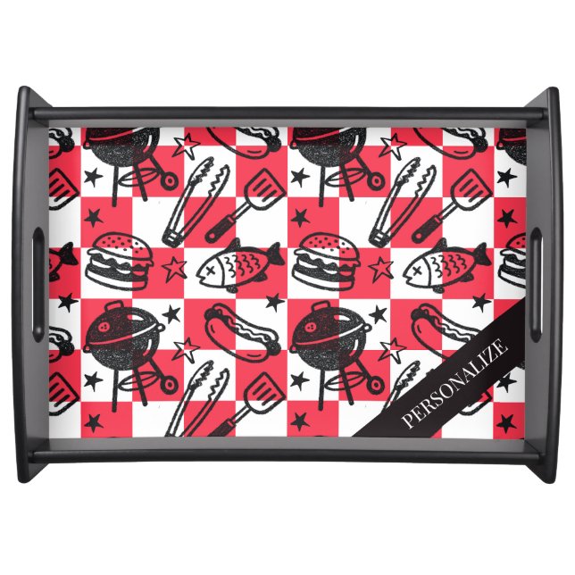 Preppy Dad Grilling Pattern – BBQ Doodles (Check) Serving Tray (Front)