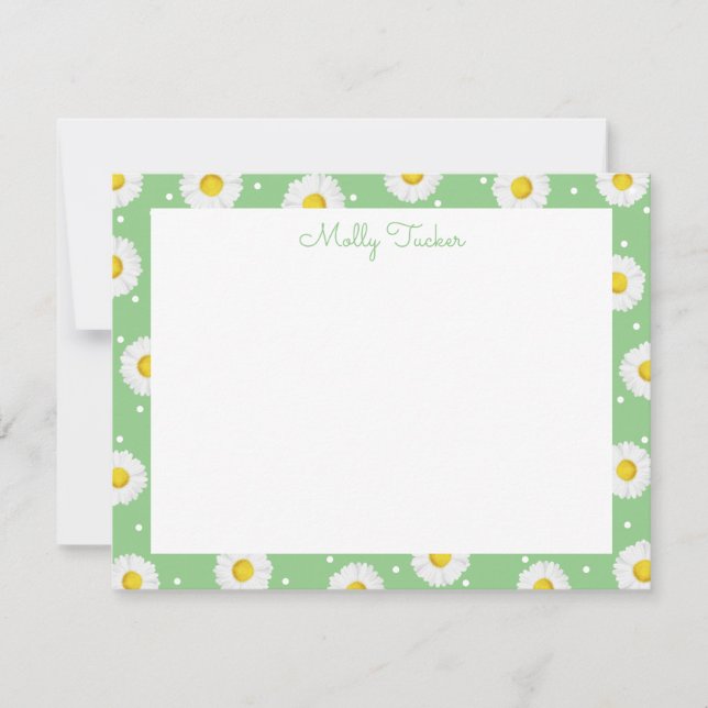 Preppy Daisies Spring Floral Watercolor Green Note Card (Front)