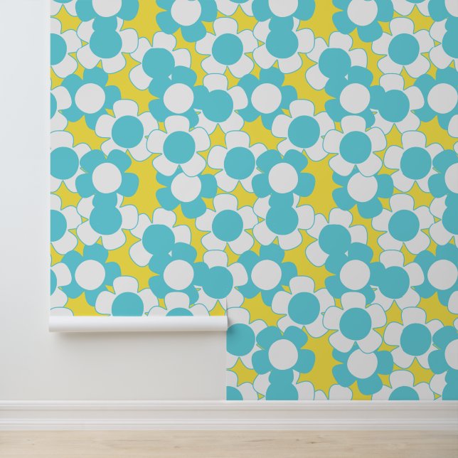Preppy Daisy Allover Bloom – Yellow & Turquoise Wallpaper (Application)