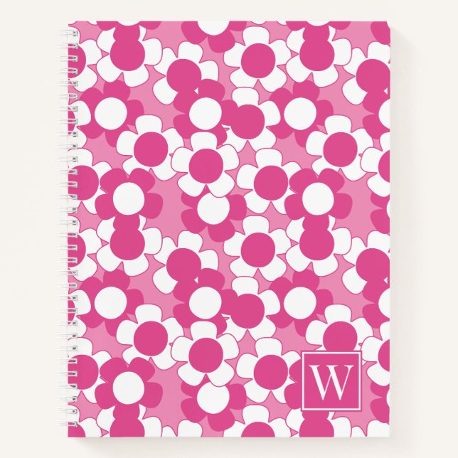 Preppy Daisy Bloom – Hot Pink & Pink Monogram Notebook (Front)