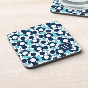 Preppy Daisy Bloom – Turquoise & Navy Monogram Beverage Coaster
