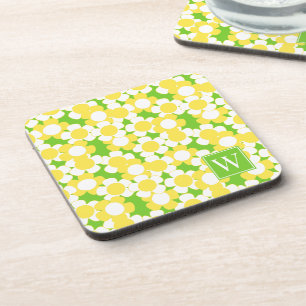 Preppy Daisy Bloom – Yellow & Lime Monogram Beverage Coaster