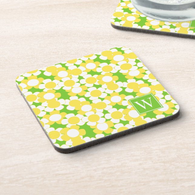 Preppy Daisy Bloom – Yellow & Lime Monogram Beverage Coaster (Left Side)