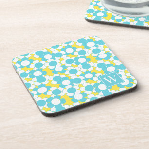 Preppy Daisy Bloom – Yellow & Turquoise Monogram Beverage Coaster