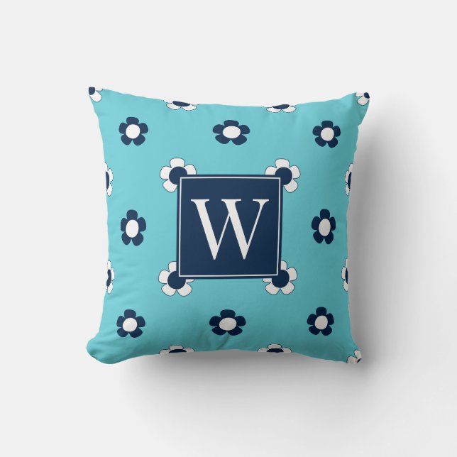 Preppy Daisy Field – Turquoise & Navy Monogram Throw Pillow (Front)