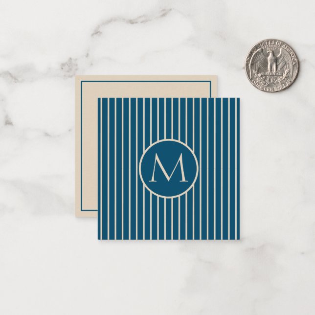 Preppy Dark Blue and Cream Stripe Monogram Note Card (Front/Back In Situ)