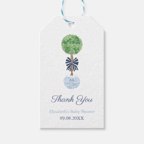 Preppy Dark Blue Bow Boxwood Topiary Baby Shower Gift Tags - Handpainted Box Ball Topiary in a blue and white "ginger jar" style planter. The twisted stem of the topiary is decorated with a smart blue and white striped bow. Elements handpainted by me in watercolors onto 100% cotton paper and scanned into digital form.