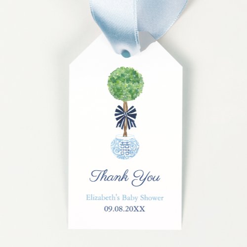 Preppy Dark Blue Bow Boxwood Topiary Baby Shower Gift Tags