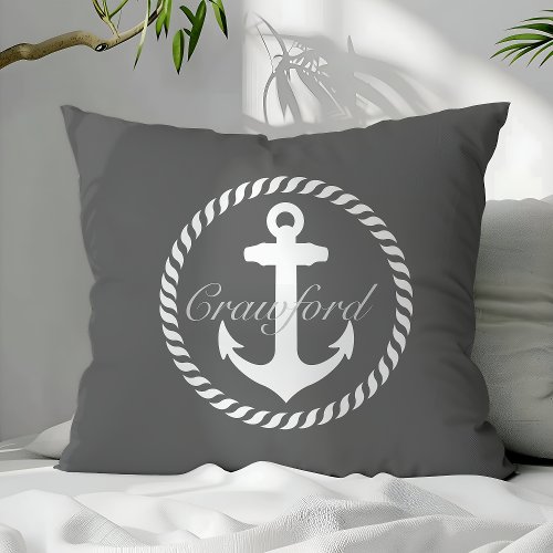 Preppy Dark Gray  White Nautical Anchor Monogram Throw Pillow