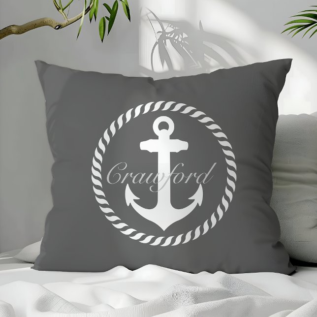 Preppy Dark Gray & White Nautical Anchor Monogram Throw Pillow (Creator Uploaded)