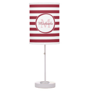 Preppy Deep Red Thick Stripes Monogram and Name Table Lamp