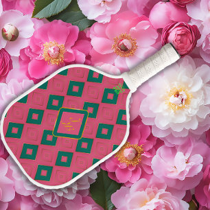 Preppy Diamond Design Pink and Green Monogrammed Pickleball Paddle