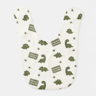 Preppy Dinosaur Crossing Pattern in Army Green Baby Bib