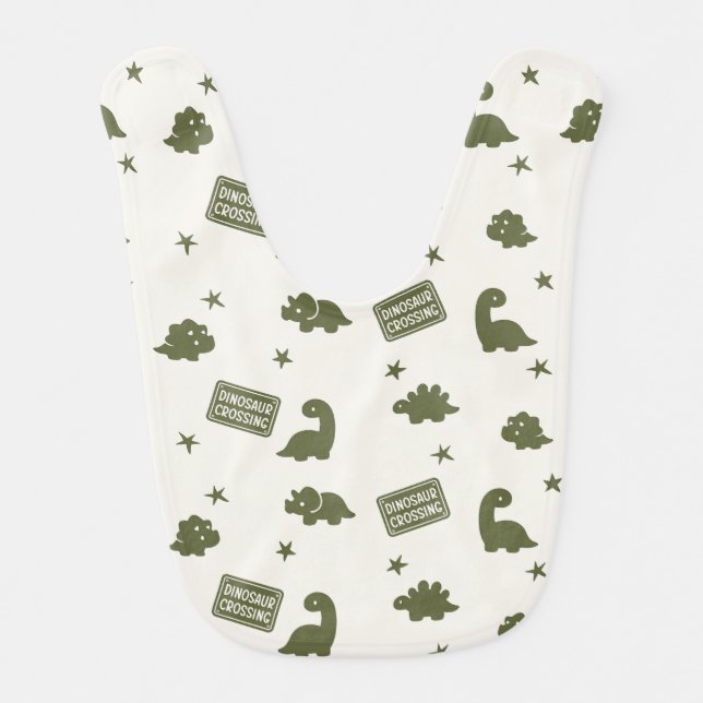 Preppy Dinosaur Crossing Pattern in Army Green Baby Bib (Front)