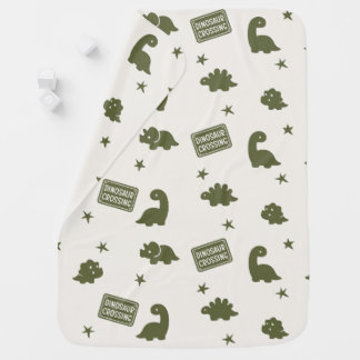 Preppy Dinosaur Crossing Pattern in Army Green Baby Blanket