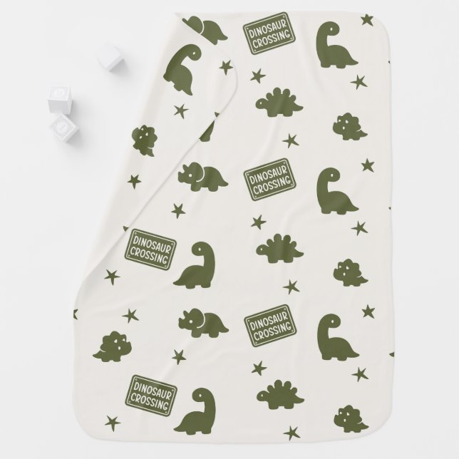 Preppy Dinosaur Crossing Pattern in Army Green Baby Blanket (In Situ)
