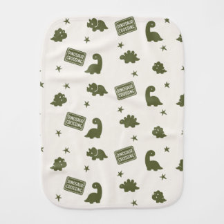 Preppy Dinosaur Crossing Pattern in Army Green Baby Burp Cloth