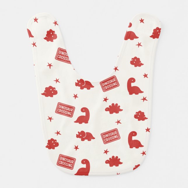 Preppy Dinosaur Crossing Pattern in Red Baby Bib (Front)