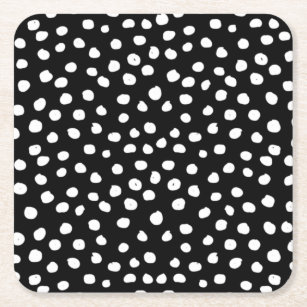 Preppy Dots Modern Black White Animal Print Spots Square Paper Coaster