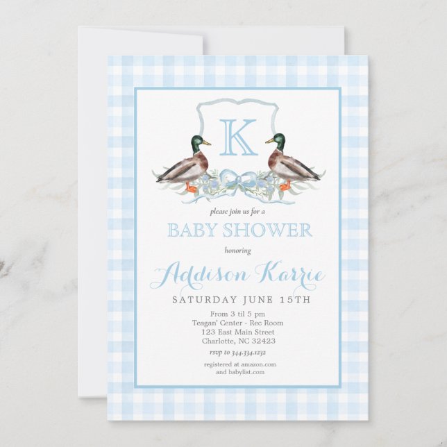 Preppy Duck Gingham Crest Baby Shower Invitation (Front)