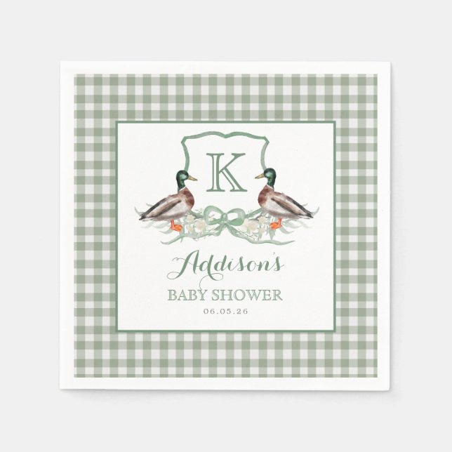 Preppy Duck Gingham Crest Baby Shower Invitation Napkins (Front)