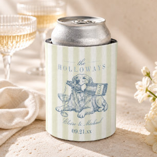 Preppy Dusty Blue Stripe Golden Retriever Wedding Can Cooler