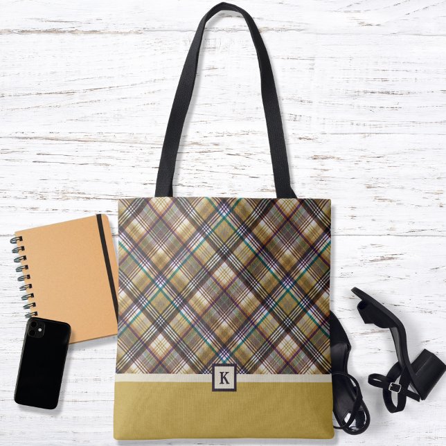 Preppy Earth Tones Plaid Monogram Tote Bag (Creator Uploaded)