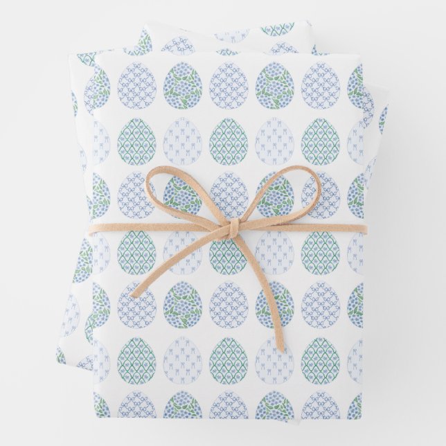 Preppy Easter Blue and Green Hydrangea Bow Trellis Wrapping Paper Sheets (In situ)