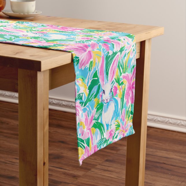 Preppy Easter Bunny Pink Yellow Floral Blue  Short Table Runner (In Situ)