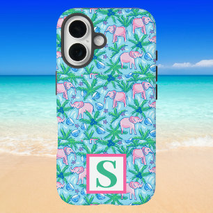 Preppy Elephant Pattern Personalized Monogram iPhone 16 Case
