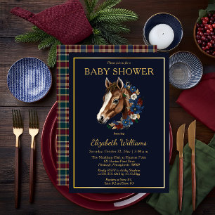 Preppy Equestrian Foal Floral   Plaid Baby Shower Invitation