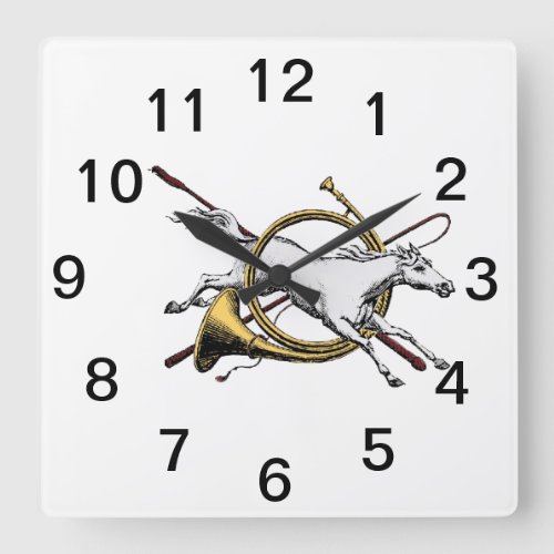 Preppy Equestrian Horse Jumping Through Horn Color Square Wall Clock
