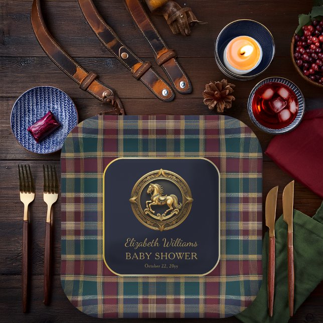 Preppy Equestrian Rocking Horse Blue Baby Shower Paper Plates (Equestrian Rocking Horse Preppy Navy Blue and Plaid Boy Baby Shower Square Paper Plate)