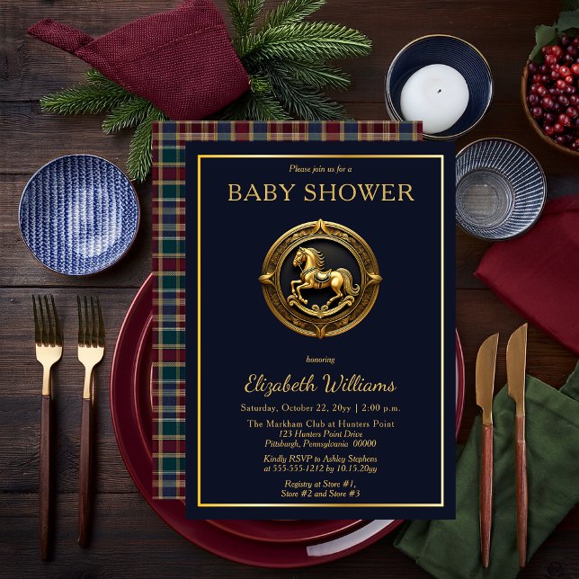 Preppy Equestrian Rocking Horse Plaid Baby Shower Invitation (Charming Preppy Equestrian Gold Tone Rocking Horse on Navy Blue with Plaid Boy Baby Shower Invite)