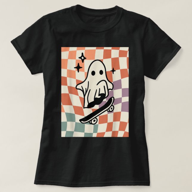 Preppy Fall Skater Ghost Autumn Vibe Checker Cute  T-Shirt (Design Front)