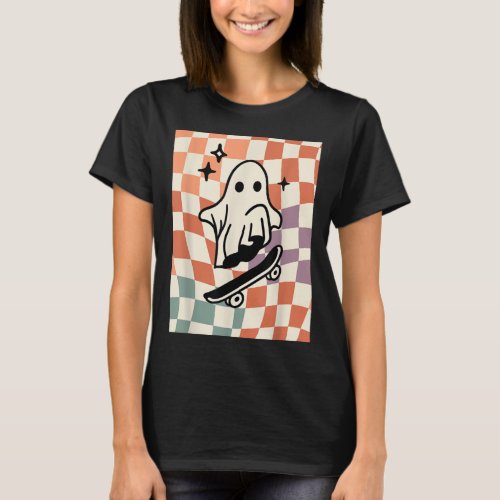 Preppy Fall Skater Ghost Autumn Vibe Checker Cute  T_Shirt