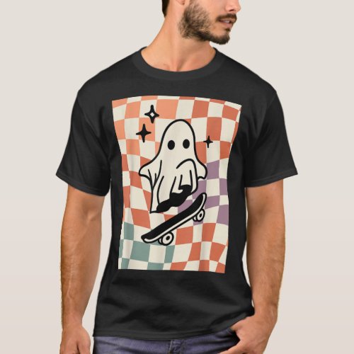 Preppy Fall Skater Ghost Autumn Vibe Checker Cute  T_Shirt