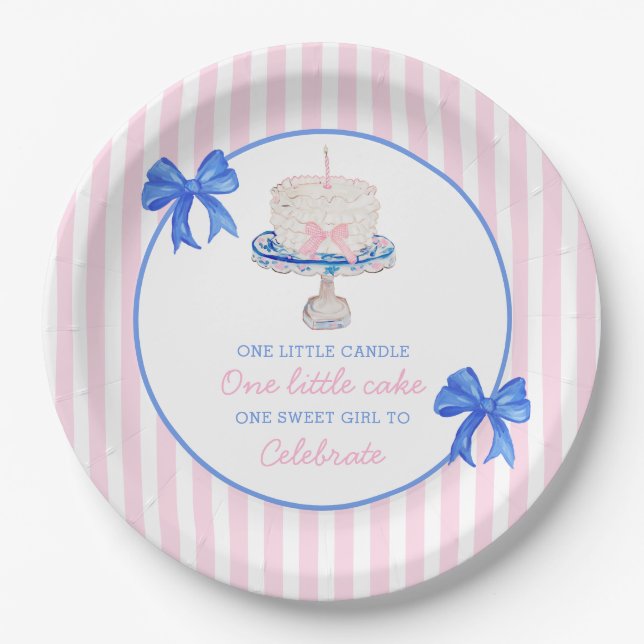 Preppy First Birthday Chinoiserie Ruffle Cake Bows Paper Plates (Front)