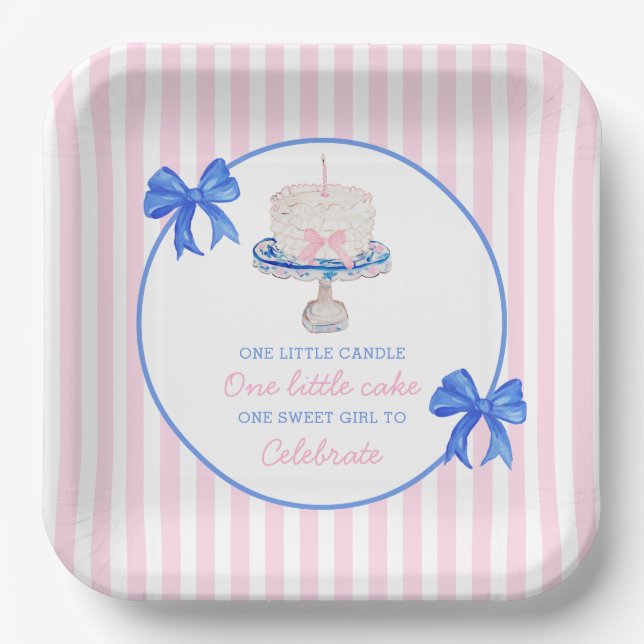 Preppy First Birthday Chinoiserie Ruffle Cake Bows Paper Plates (Front)