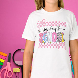 Preppy First Day of School Checkered Coquette Bow T-Shirt