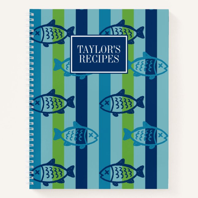 Preppy Fish Coastal Kitchen Stripe Recipe Notebook (Front)