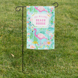 Preppy Flamingo Beach House Garden Flag