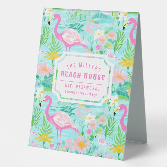 Preppy Flamingo Beach House Wifi Password Table Tent (Front)