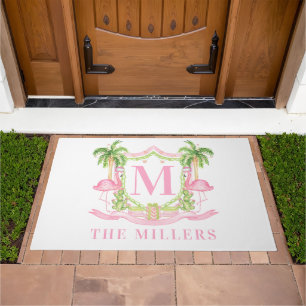 Preppy Flamingo Christmas Crest Doormat