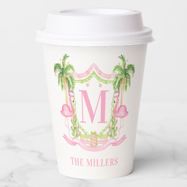 Preppy Flamingo Christmas Crest Paper Cups (Front)